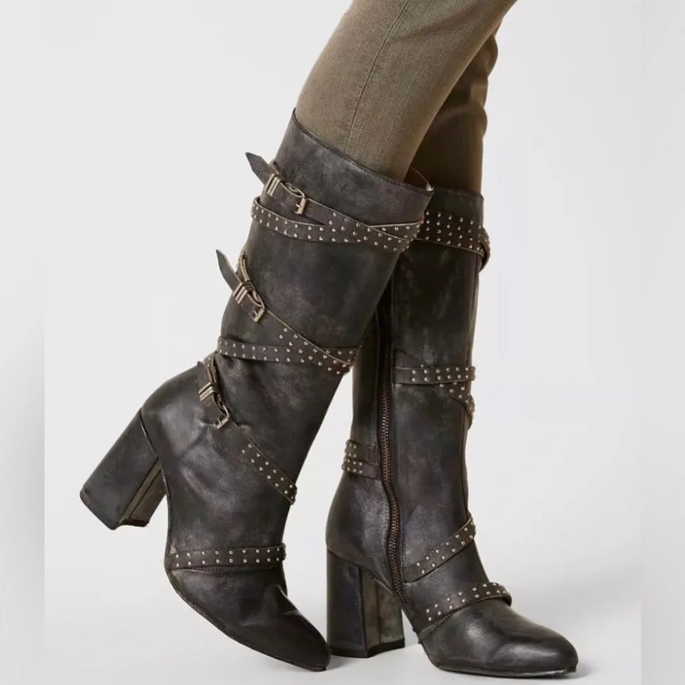 Freebird JAX Strappy Tall Distressed Leather Riding Boots Size 10 - Picture 5 of 16